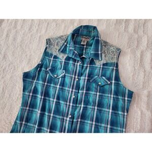 Wrangler Sleeveless Pearl Snap Shirt Blue Plaid Floral Lace Rodeo Women's Large